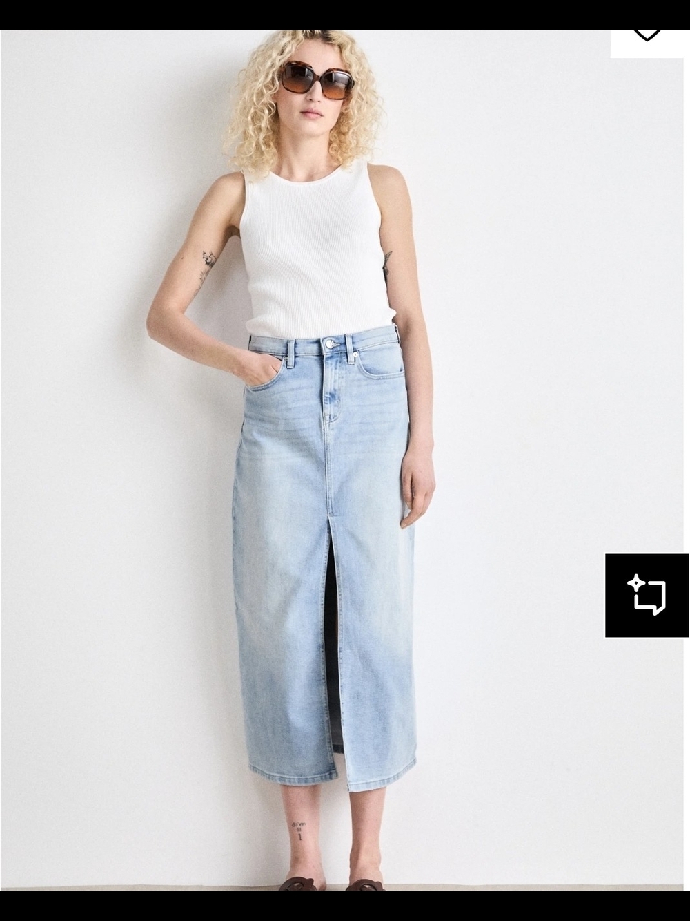DKNY Light Wash Denim Midi Skirt with Front Slit